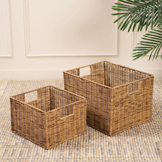 Set of 2 Light Brown Resin Wicker Utility Baskets
