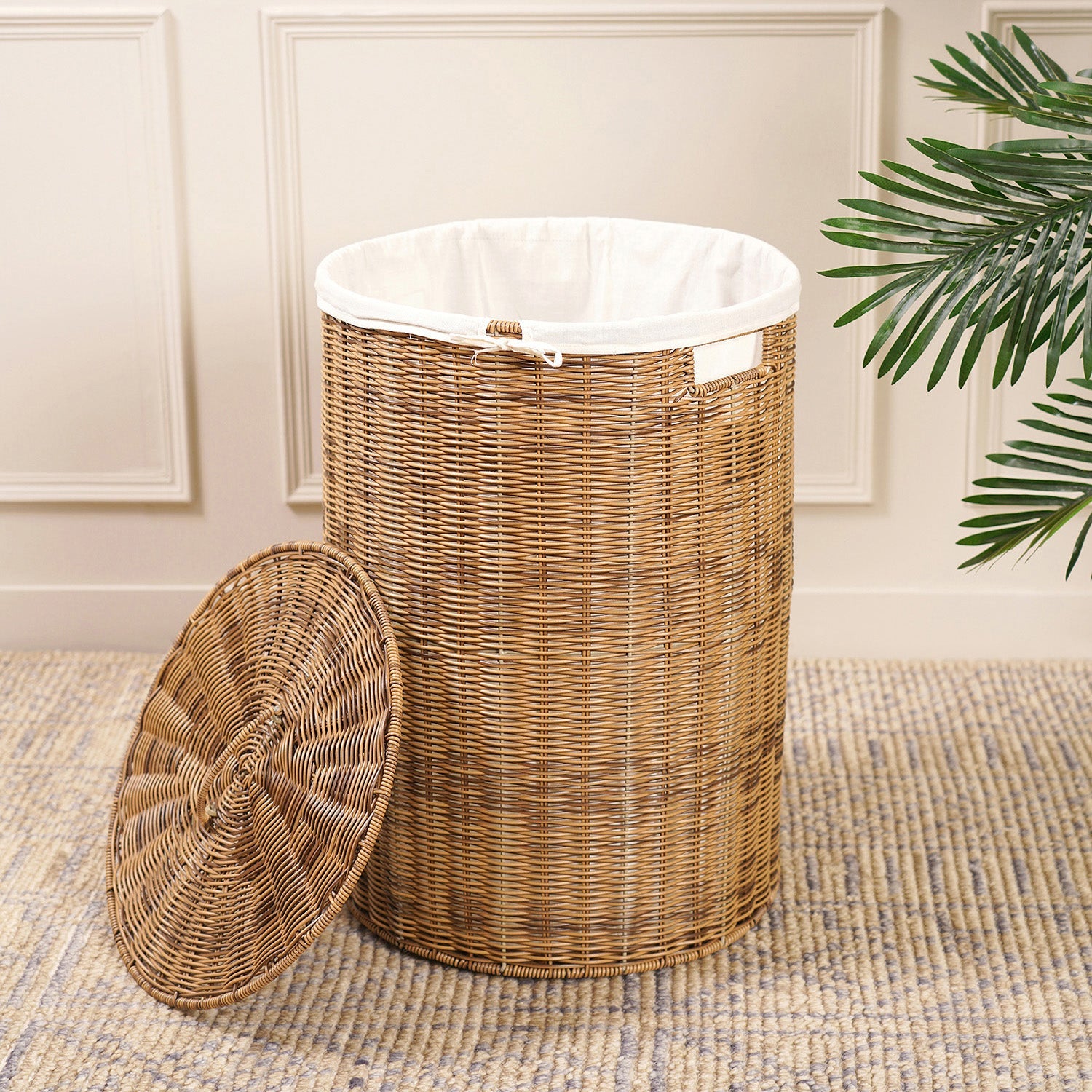 Natural Round Heather Wicker Bin with Lid
