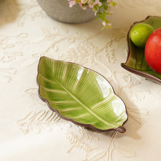 Light Green Ribbed Ceramic Leaf Platter