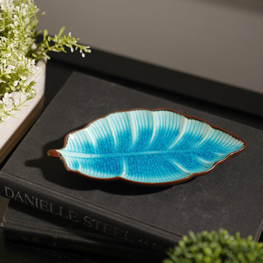 Light Blue Ribbed Ceramic Leaf Platter