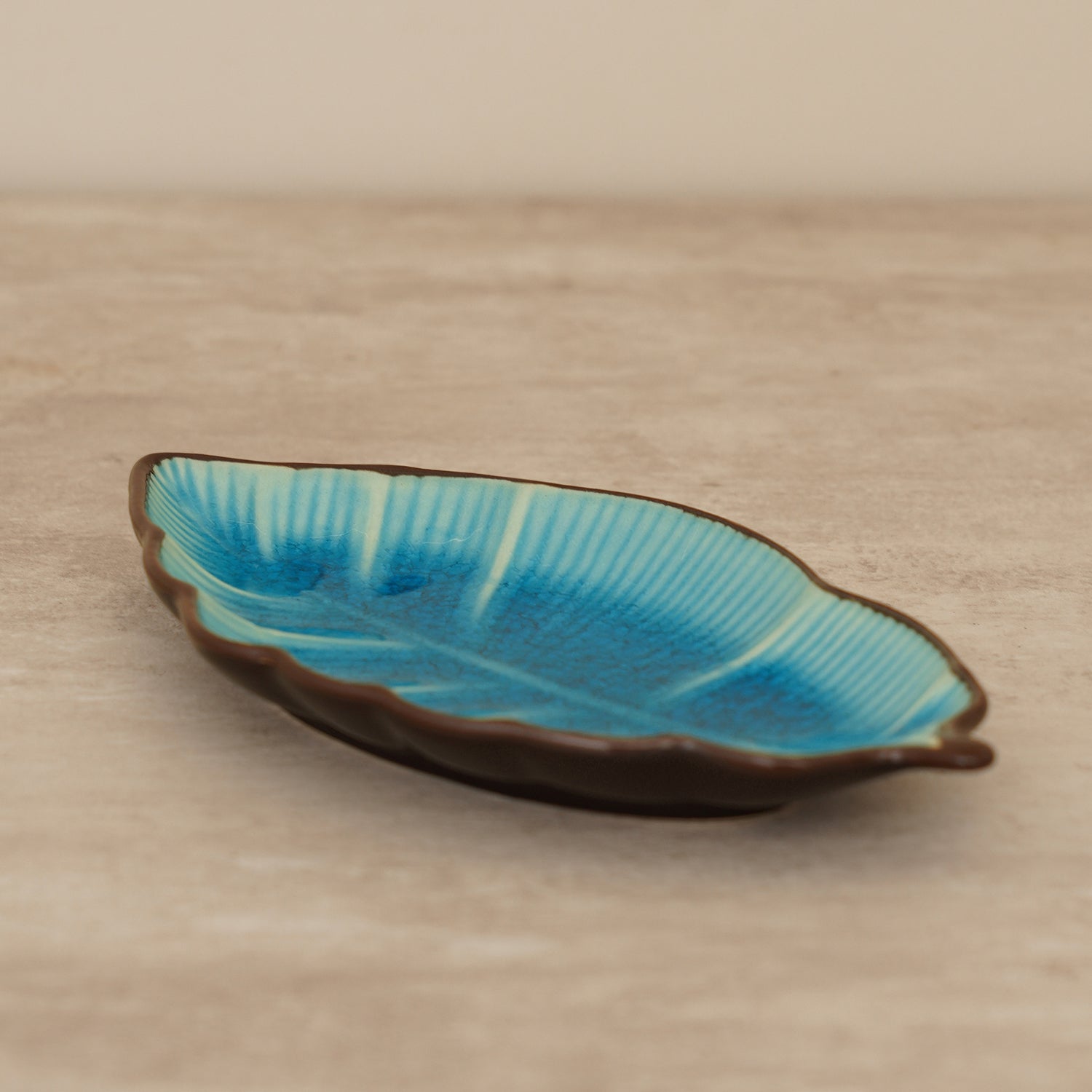 Light Blue Ribbed Ceramic Leaf Platter