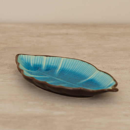 Light Blue Ribbed Ceramic Leaf Platter
