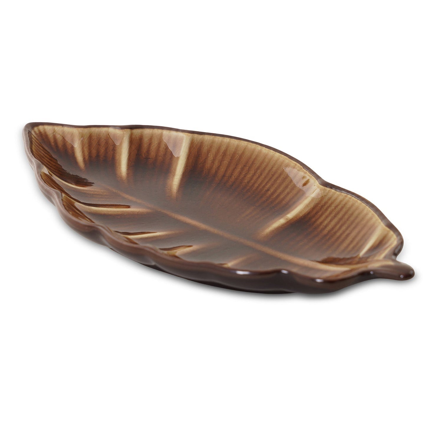 Dark Beige Ribbed Ceramic Leaf Platter