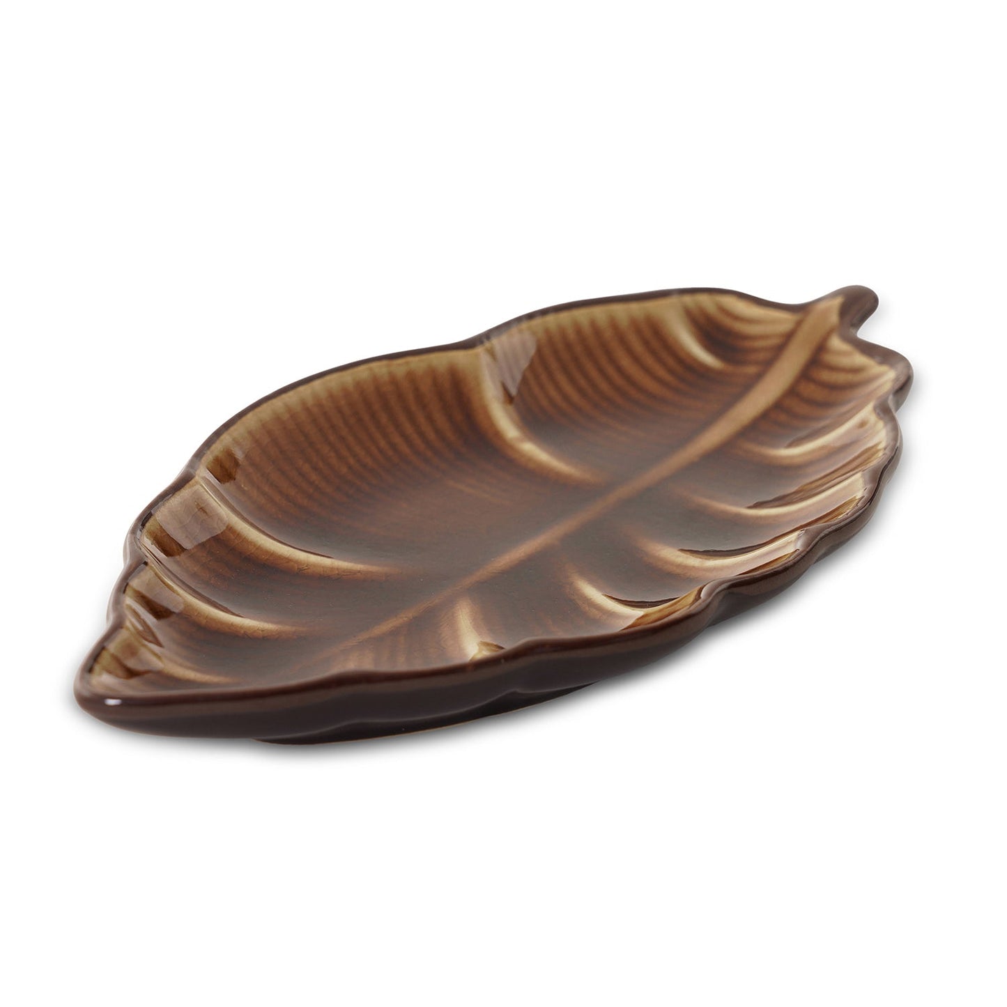 Dark Beige Ribbed Ceramic Leaf Platter