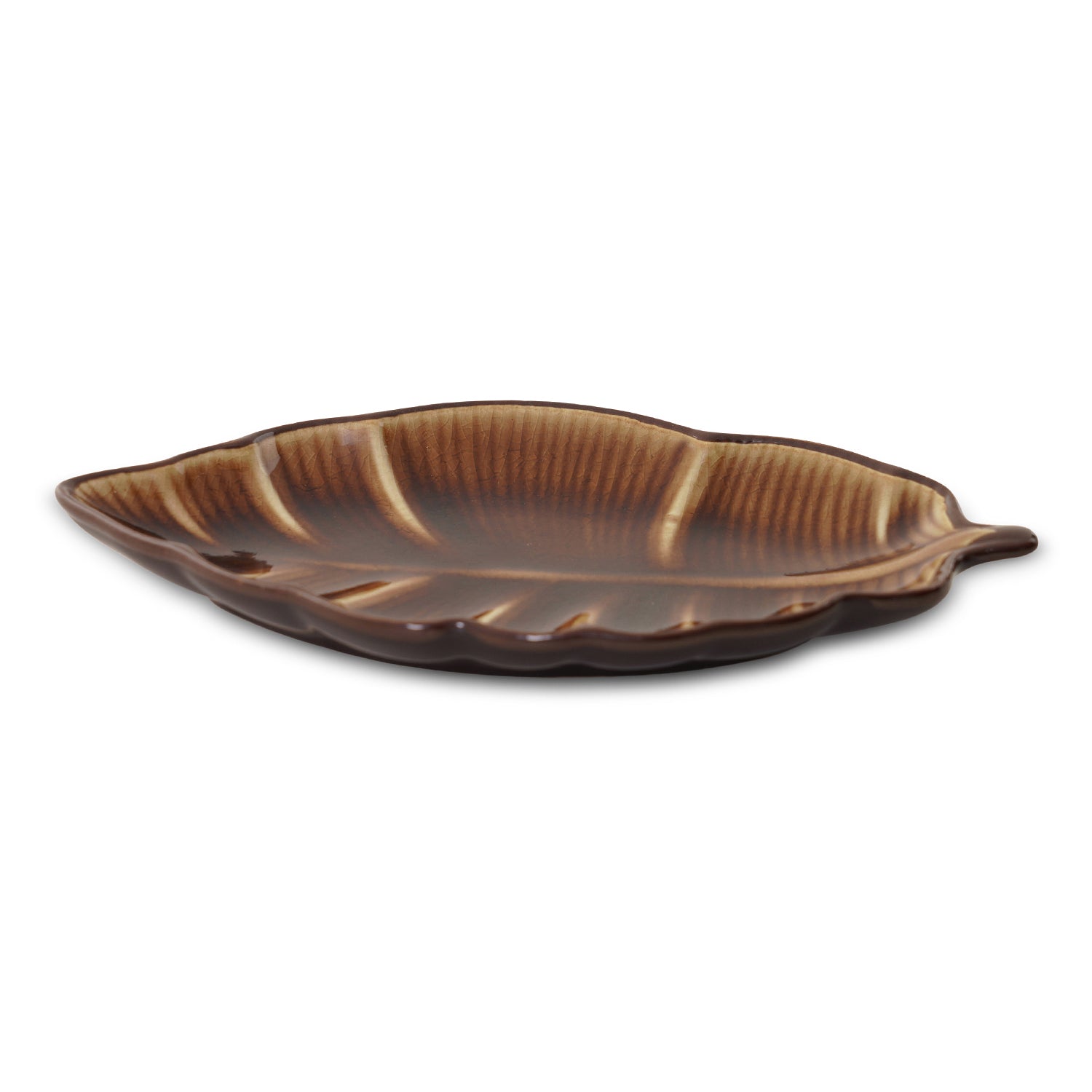 Dark Beige Ribbed Ceramic Leaf Platter