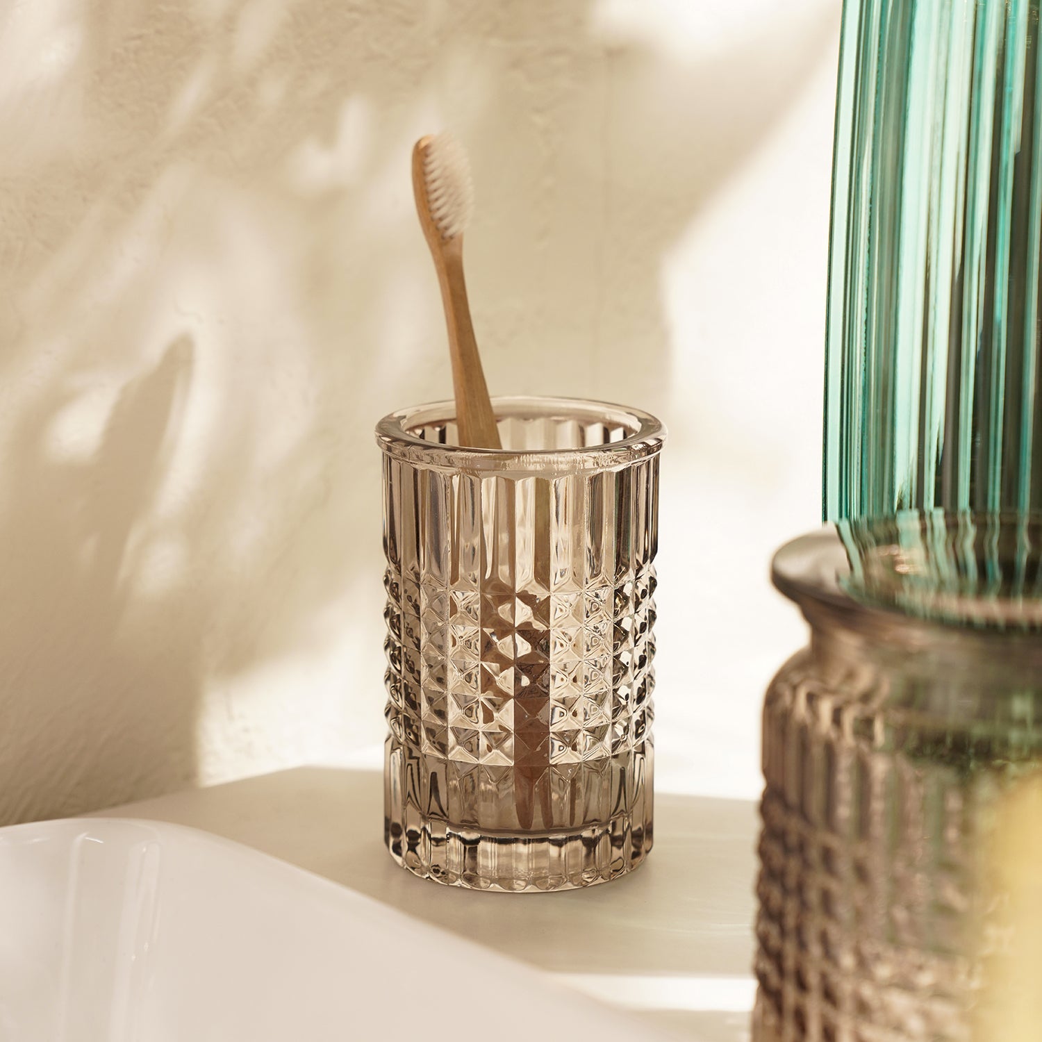 Brown Diamond Texture Glass Tooth Brush Holder 7.4×7.4×11.5cm