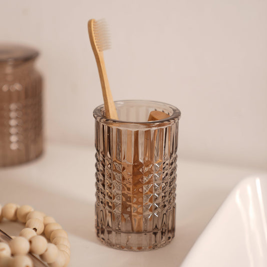 Brown Diamond Texture Glass Tooth Brush Holder 7.4×7.4×11.5cm