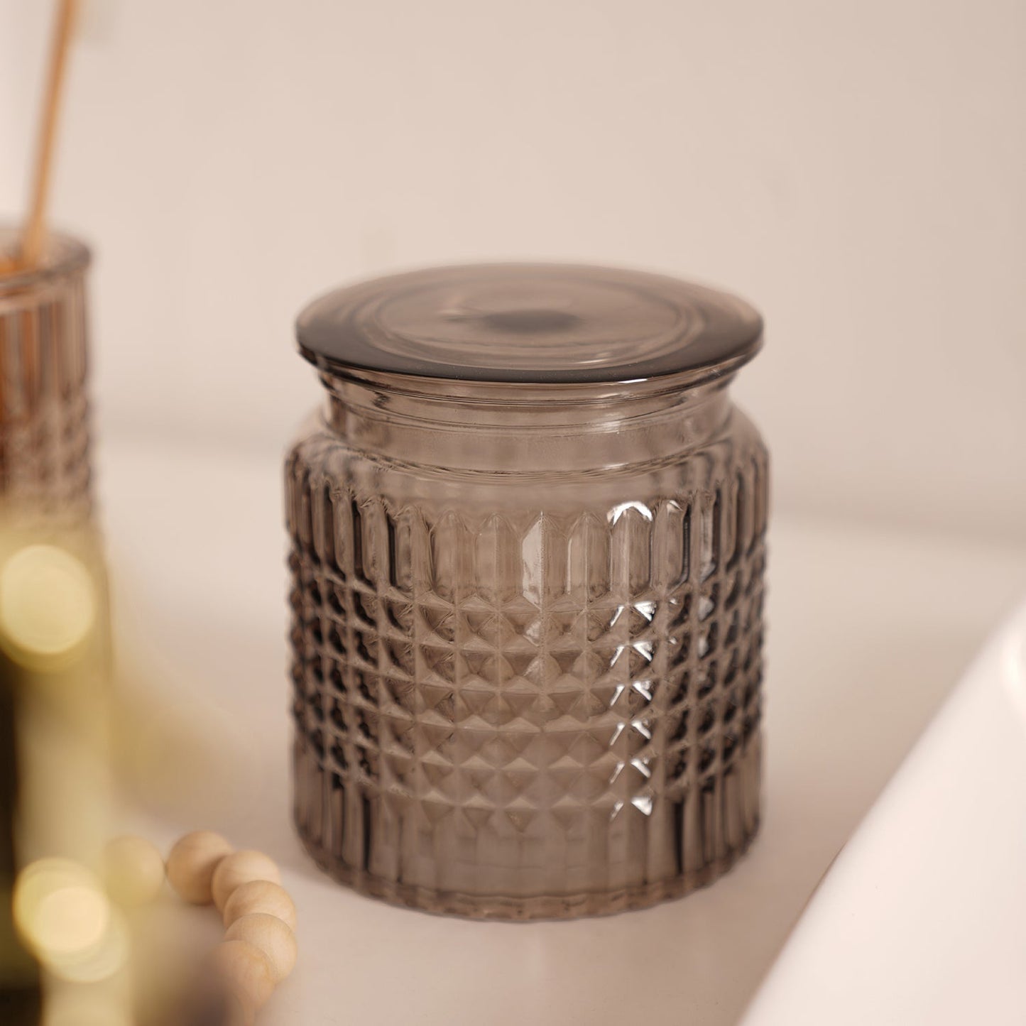 Brown Diamond Texture Glass Cotton Jar with Lid 10.8×10.8×12cm