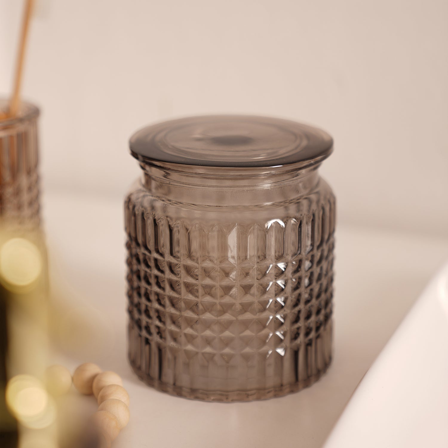 Brown Diamond Texture Glass Cotton Jar with Lid 10.8×10.8×12cm