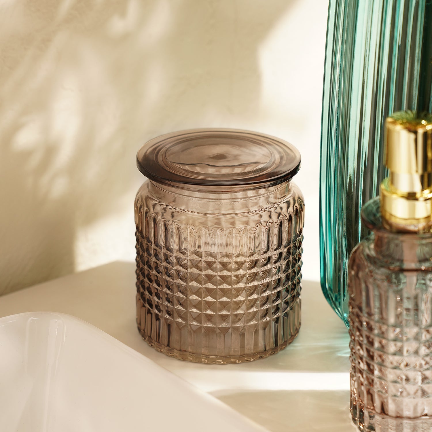 Brown Diamond Texture Glass Cotton Jar with Lid 10.8×10.8×12cm