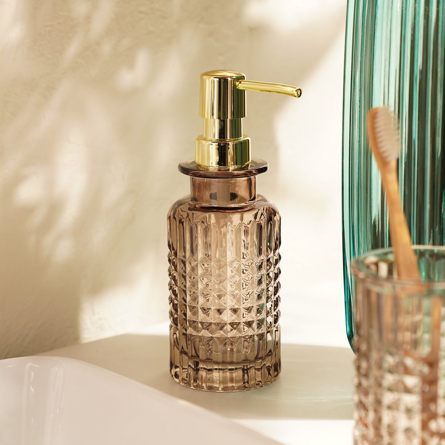 Brown Diamond Texture Glass Soap Dispenser 6.8×6.8×18.7cm