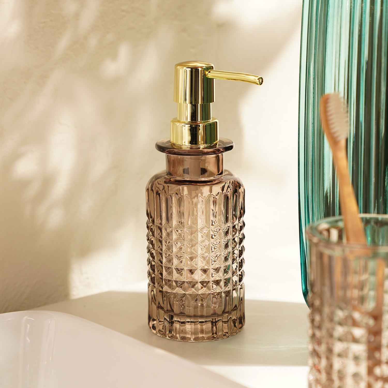 Brown Diamond Texture Glass Soap Dispenser 6.8×6.8×18.7cm