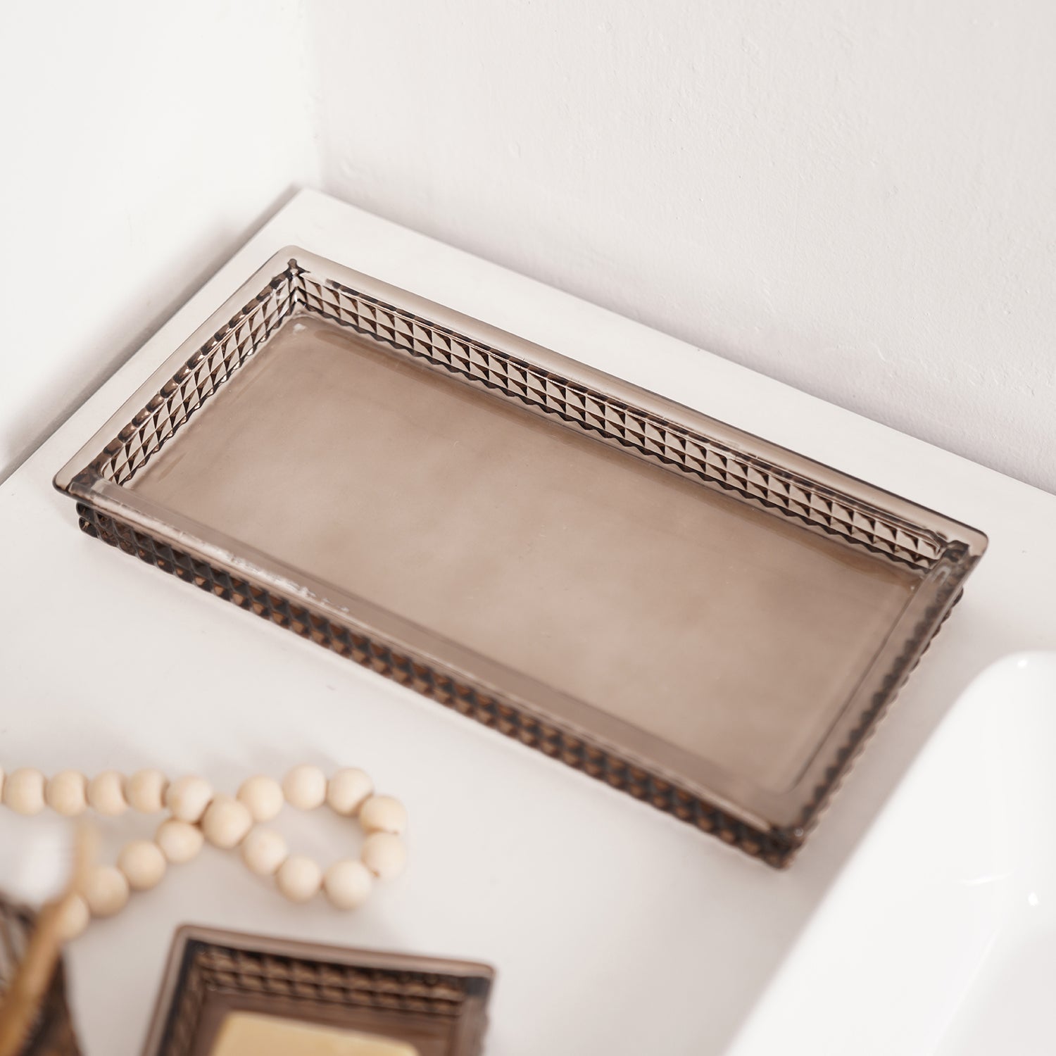 Brown Diamond Texture Glass Tray 14.8×3.2×30cm