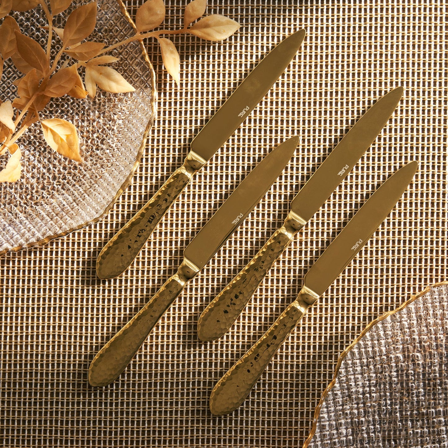Set Of 4 Gold Hammered Dinner Knives
