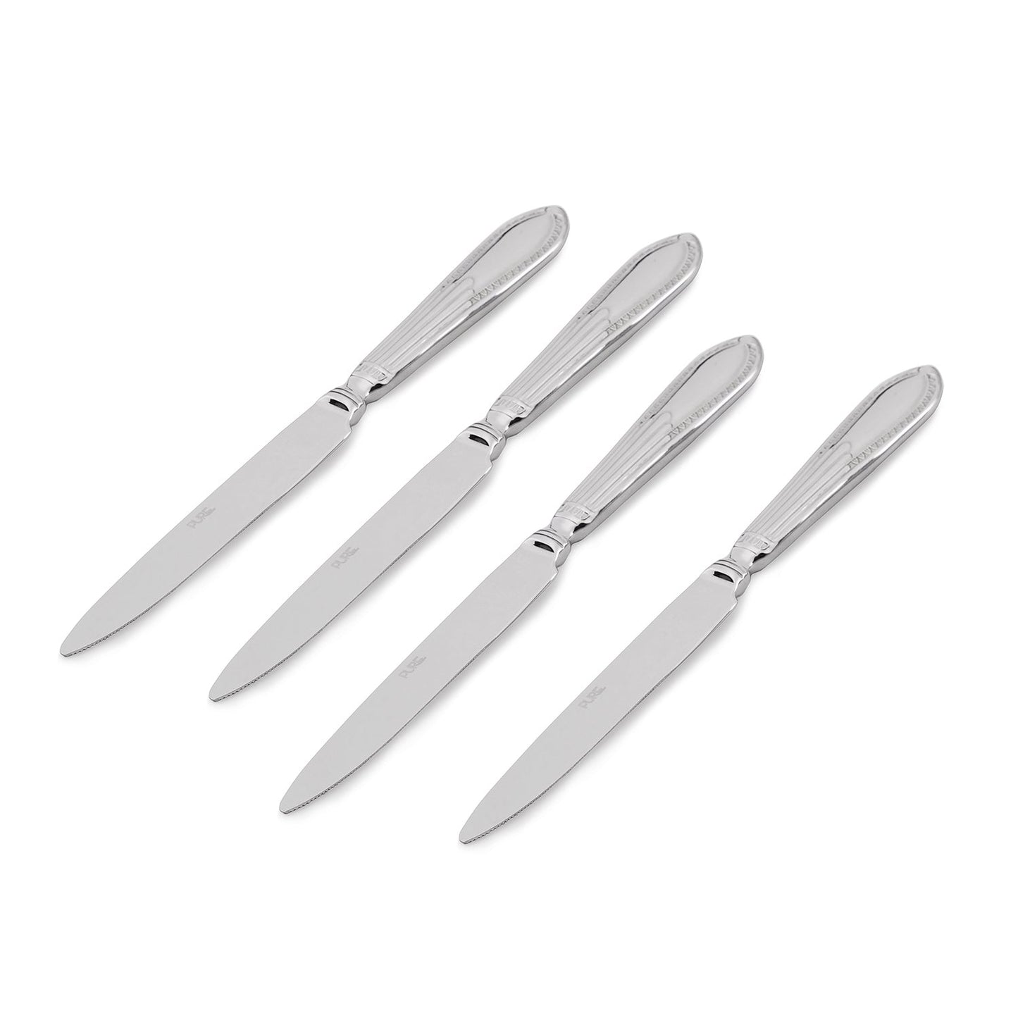Set Of 4 Silver Steel Dinner Knives With Embossing