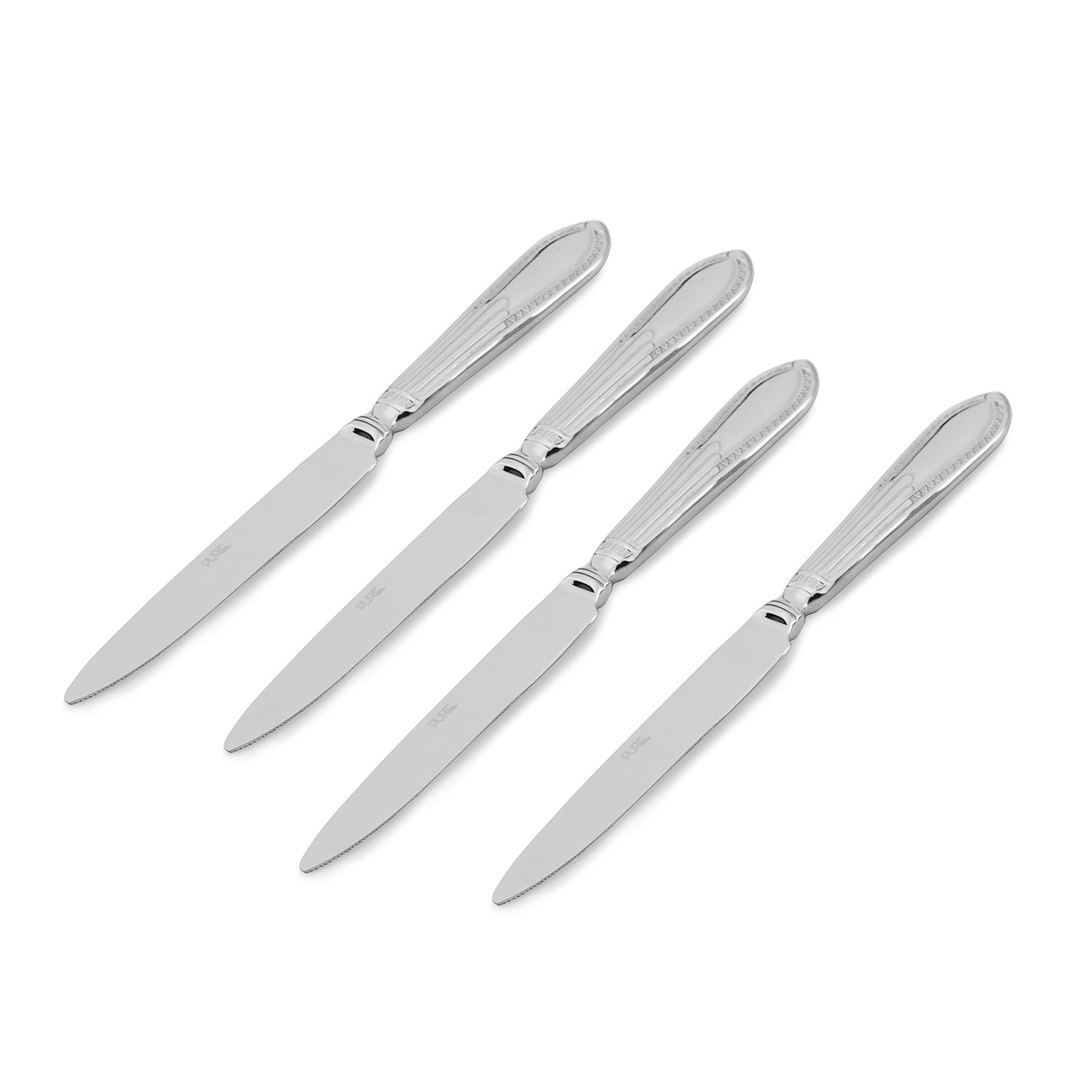 Set Of 4 Silver Steel Dinner Knives With Embossing