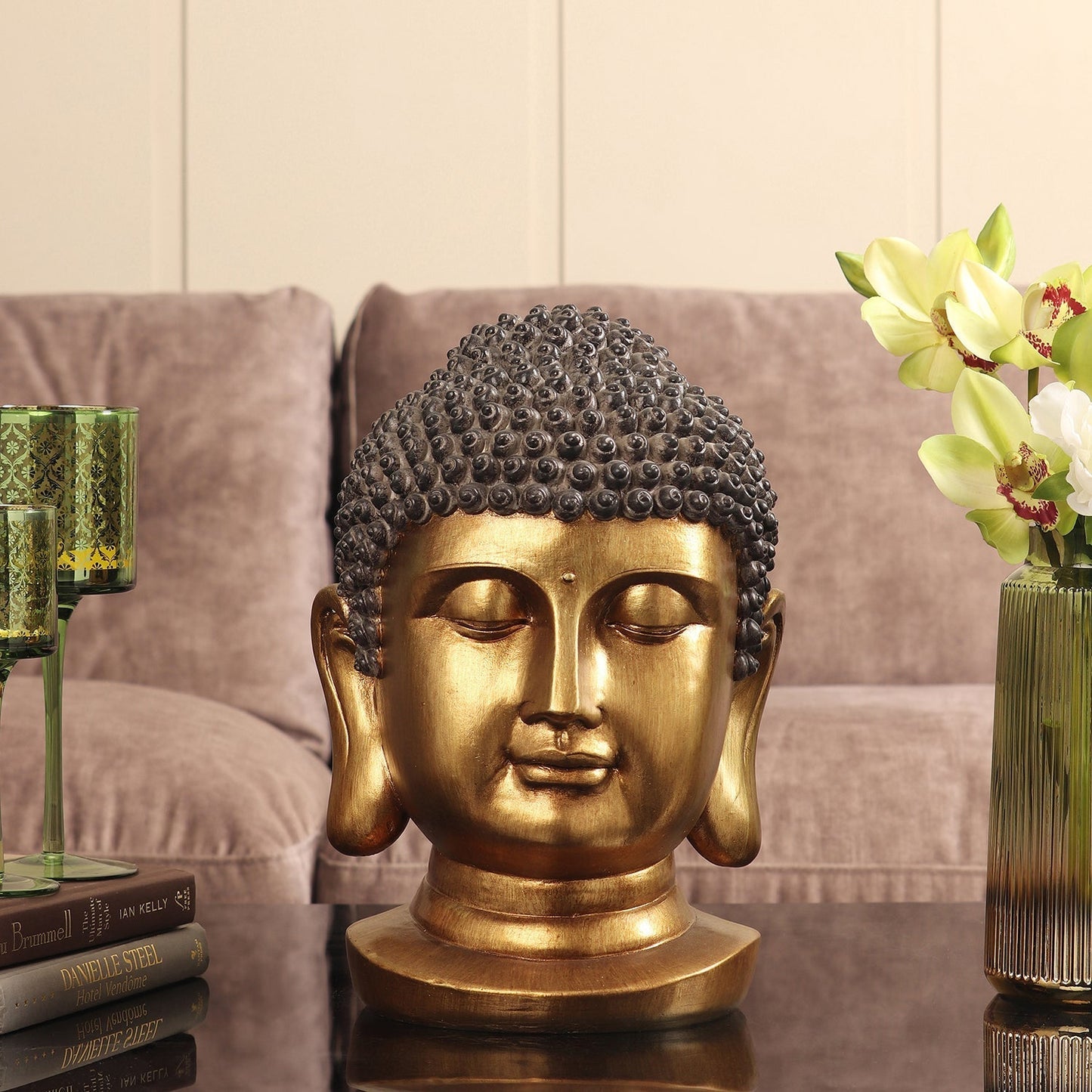 Antique Gold Polyresin Buddha Head with Round Base - Small