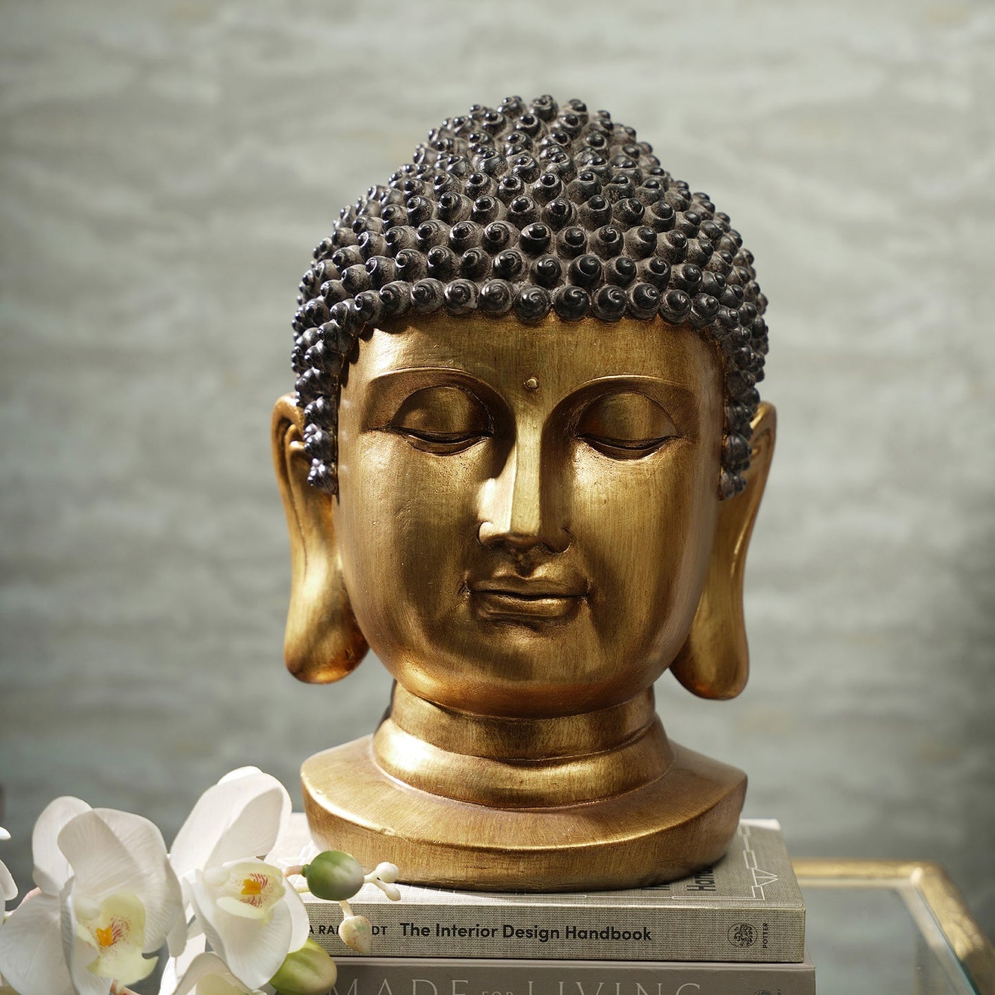 Antique Gold Polyresin Buddha Head with Round Base - Medium