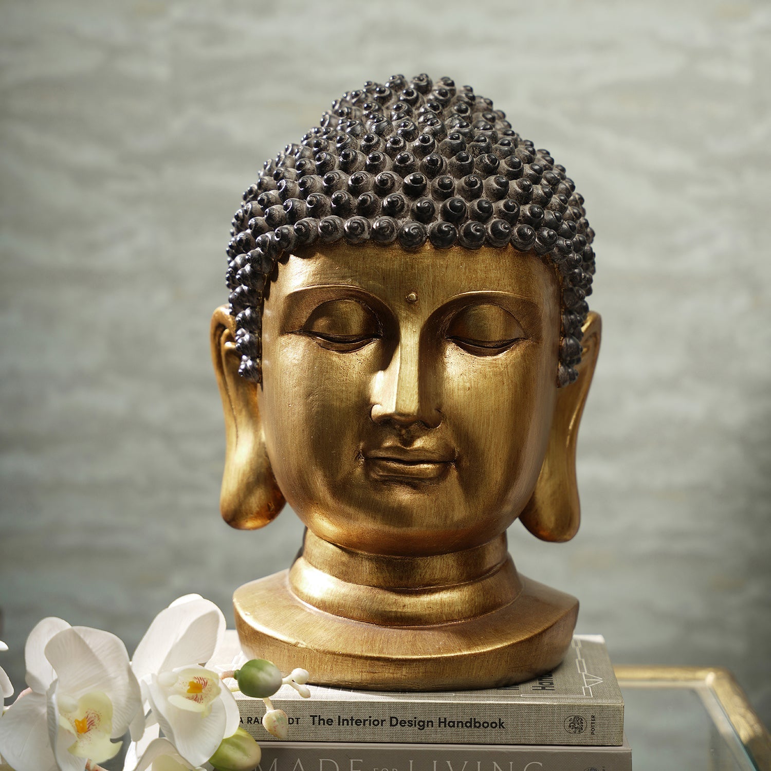 Antique Gold Polyresin Buddha Head with Round Base - Medium