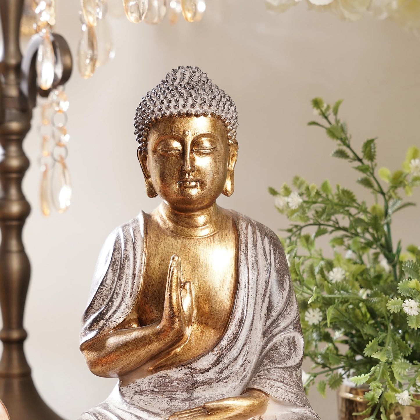 Antique Gold Polyresin Sitting Buddha Sculpture - Medium