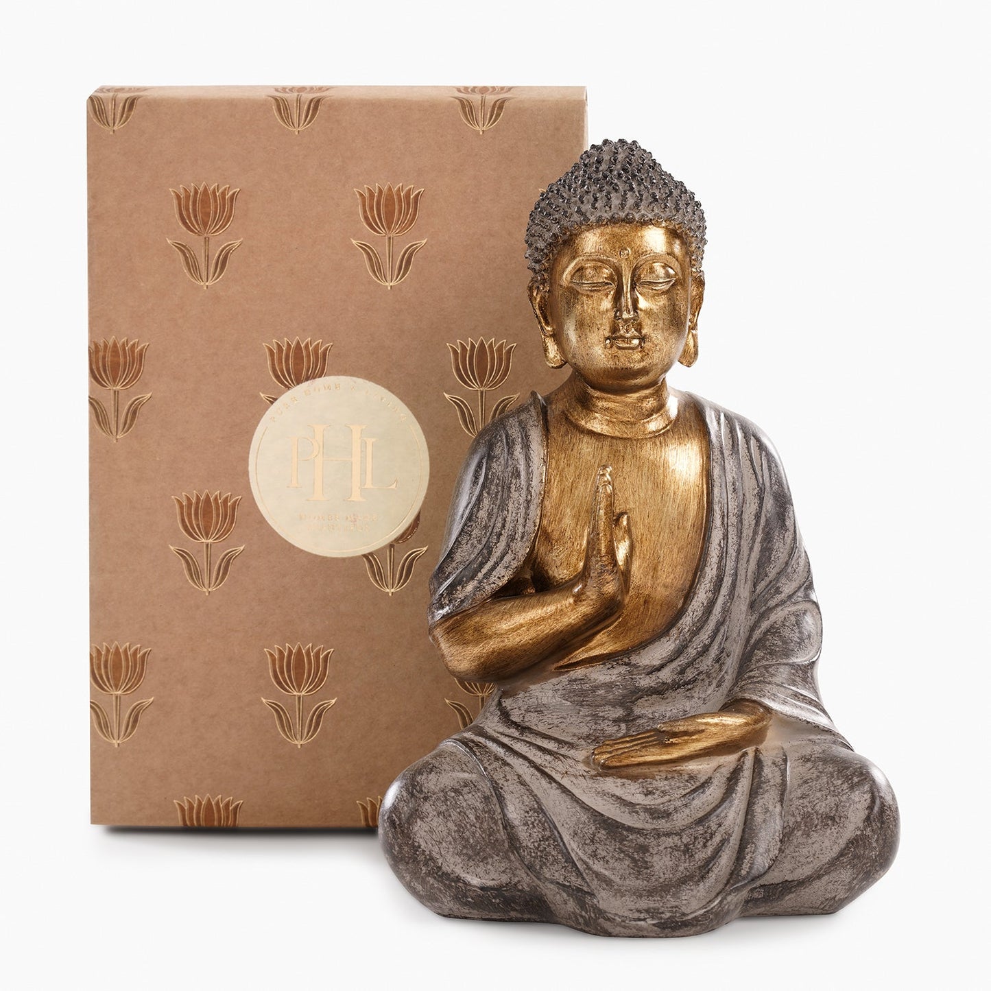 Antique Gold Polyresin Sitting Buddha Sculpture - Medium