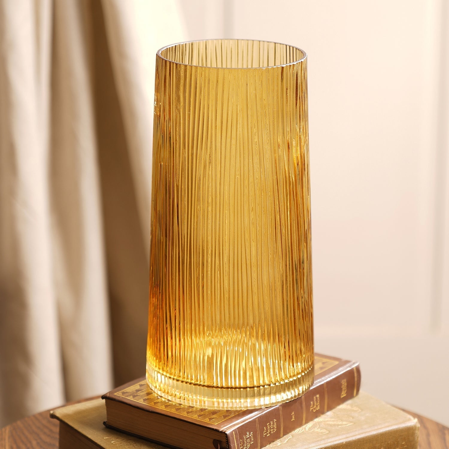 Light Brown Ribbed Cylindrical Glass Vase