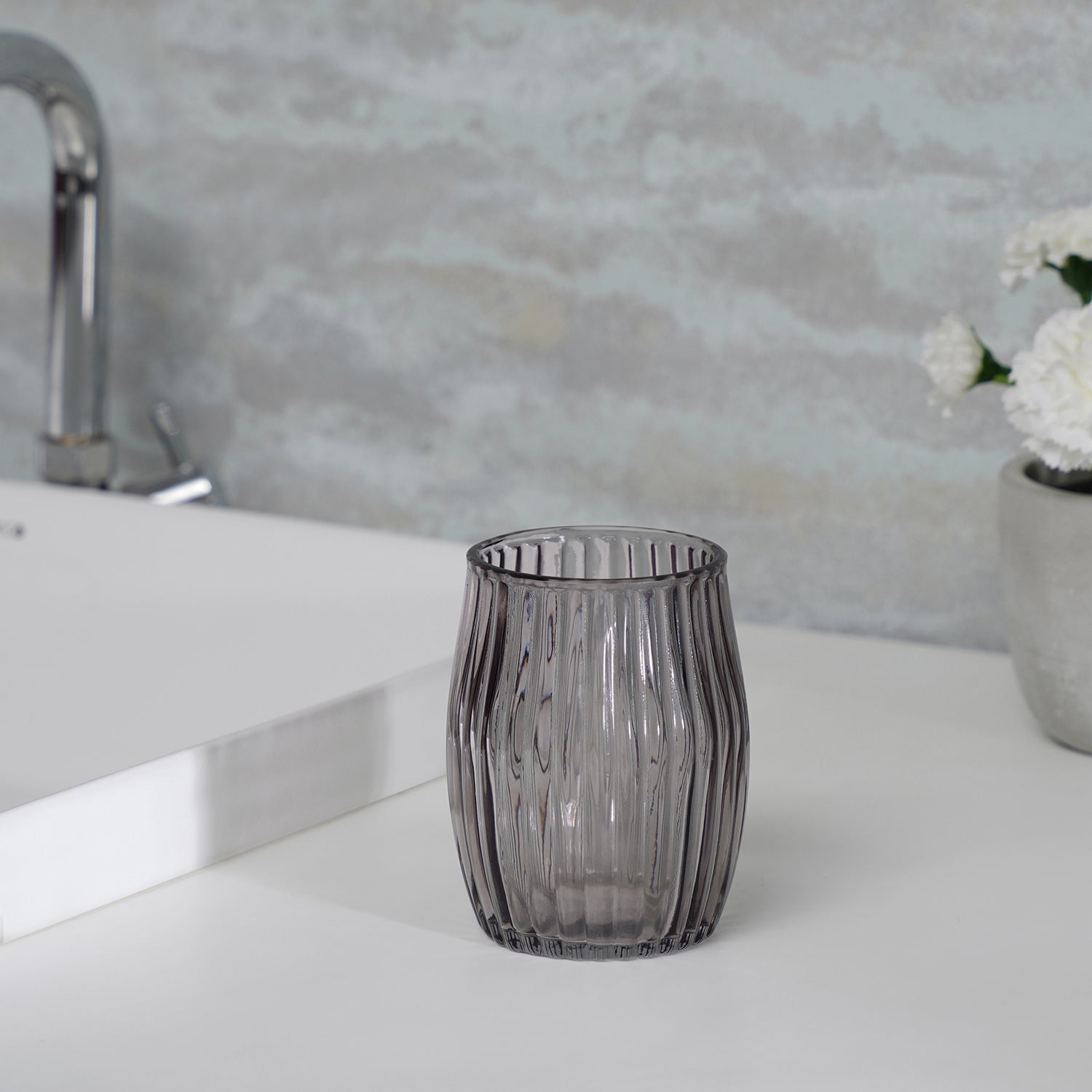 Black Ribbed Glass Toothbrush Holder