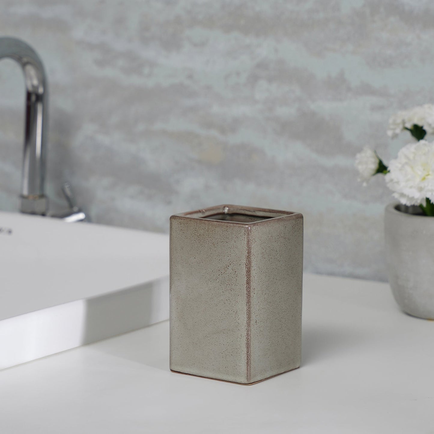 Beige Glazed Stone Toothbrush Holder