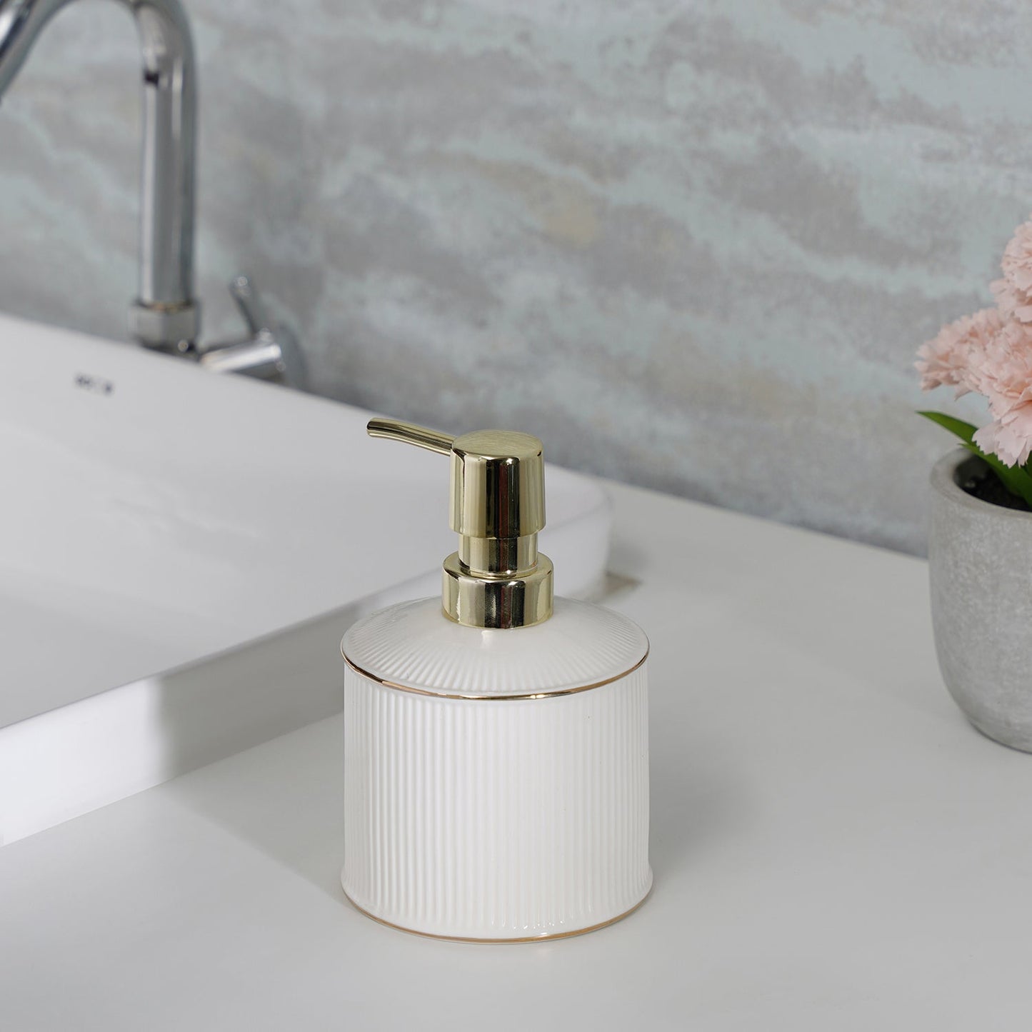 White Ribbed Porcelain Soap Dispenser