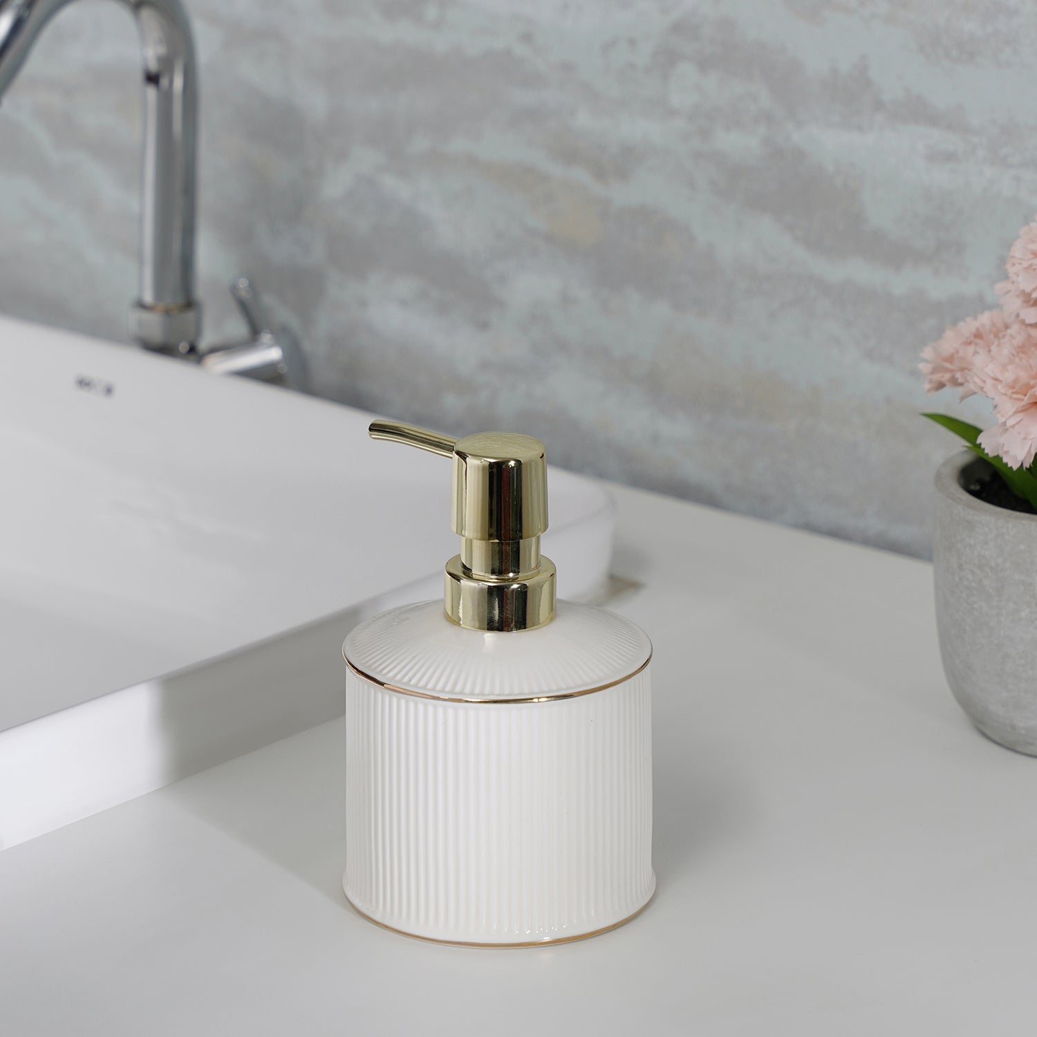 White Ribbed Porcelain Soap Dispenser