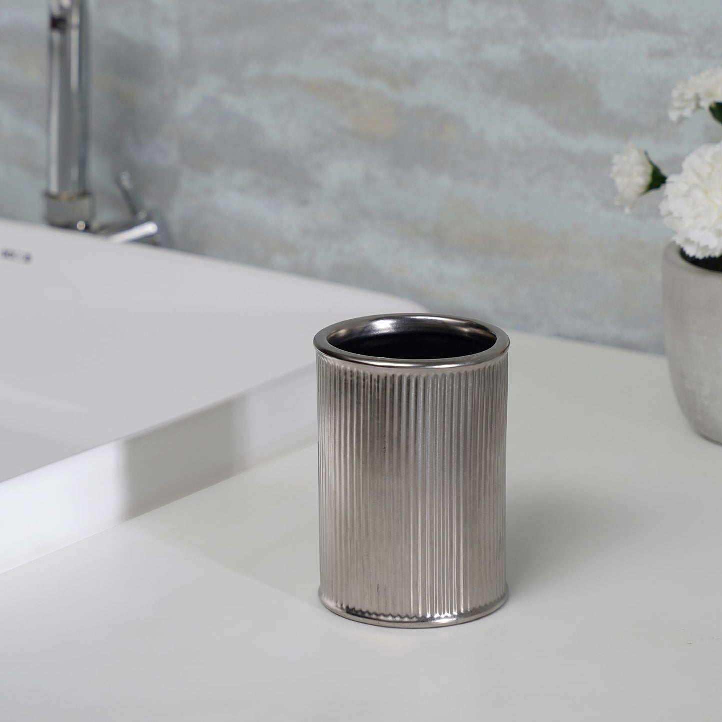 Silver Chrome Ribbed Porcelain Toothbrush Holder