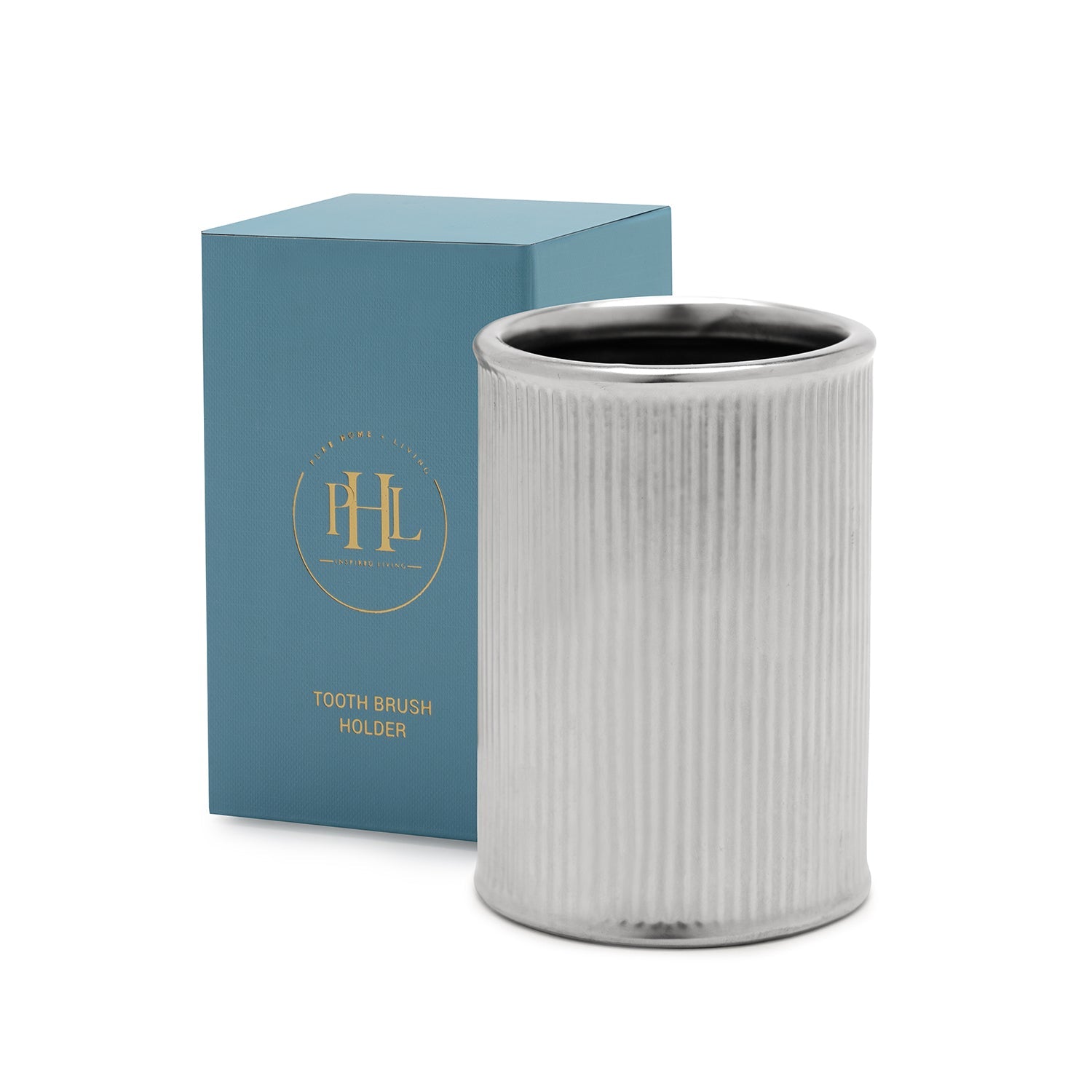 Silver Chrome Ribbed Porcelain Toothbrush Holder