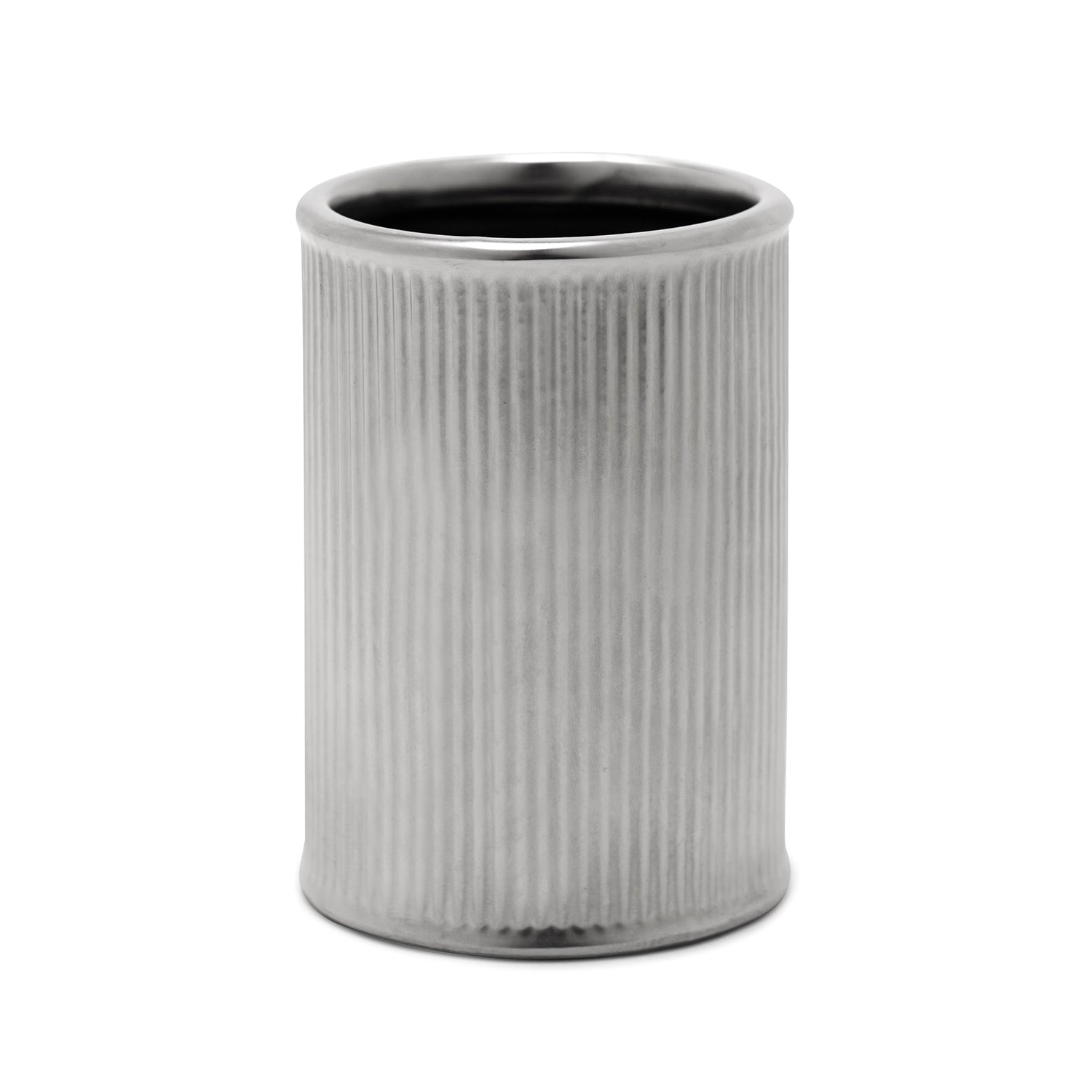 Silver Chrome Ribbed Porcelain Toothbrush Holder