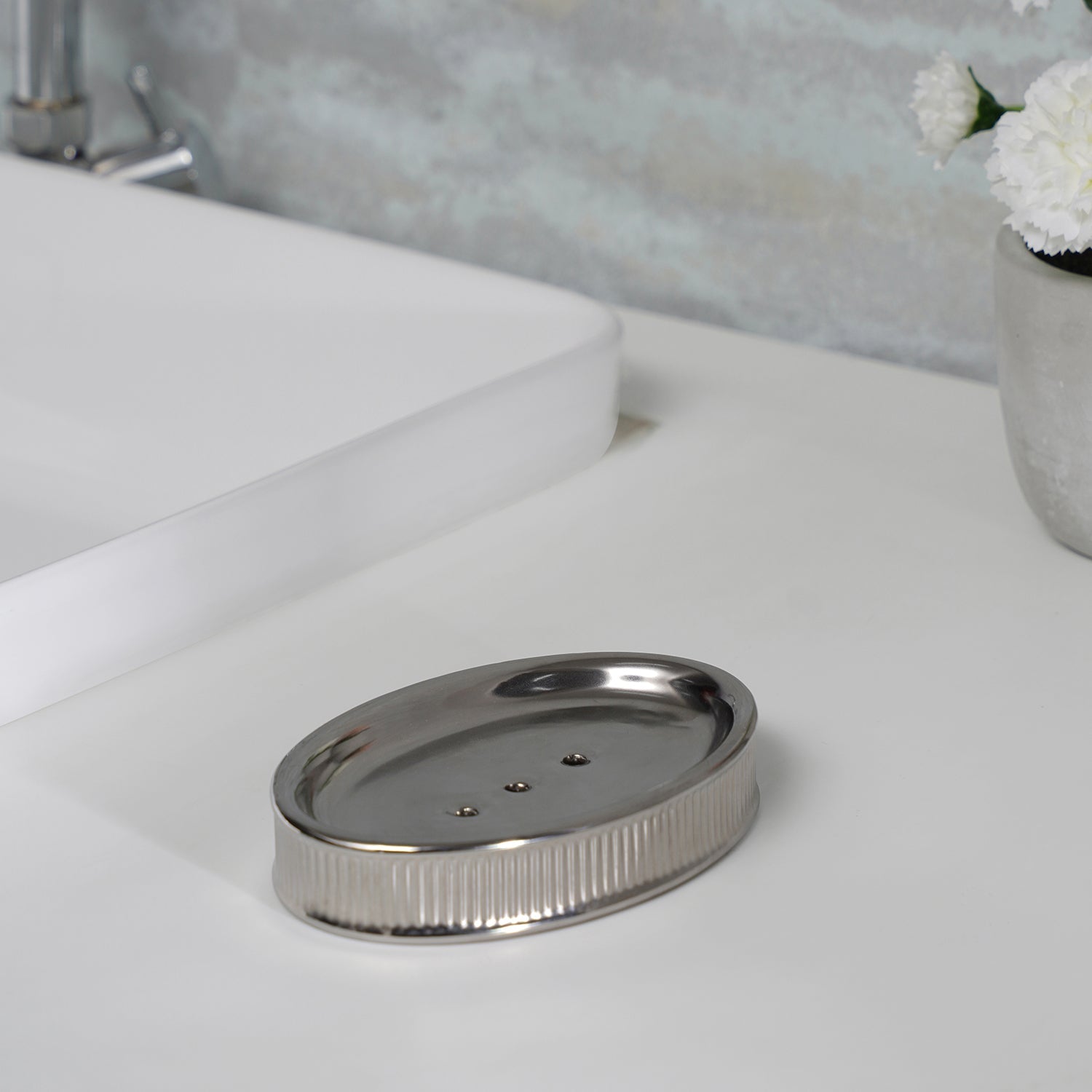 Silver Chrome Ribbed Porcelain Soap Dish