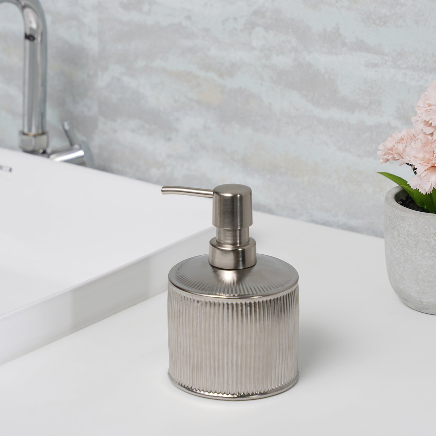 Silver Chrome Ribbed Porcelain Soap Dispenser Small