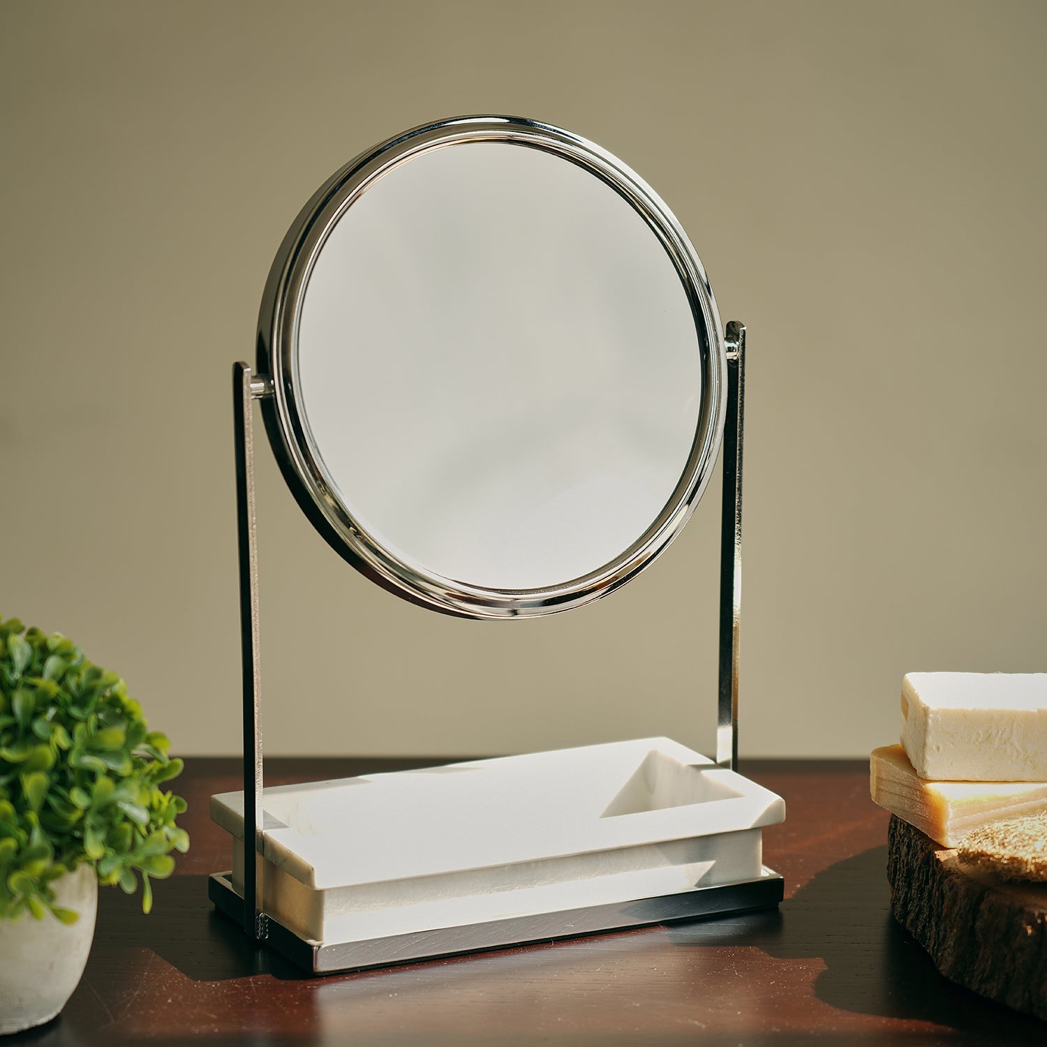 Silver Double Sided Vanity Mirror with Polyresin Base
