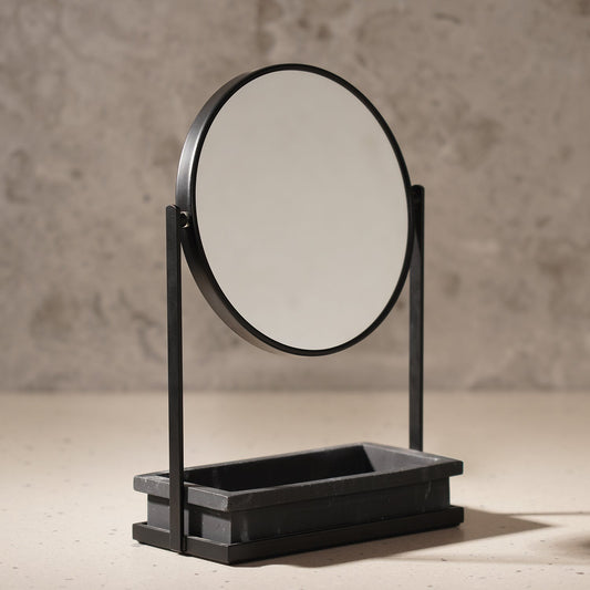 Black Double Sided Metal Vanity Mirror With Polyresin Base