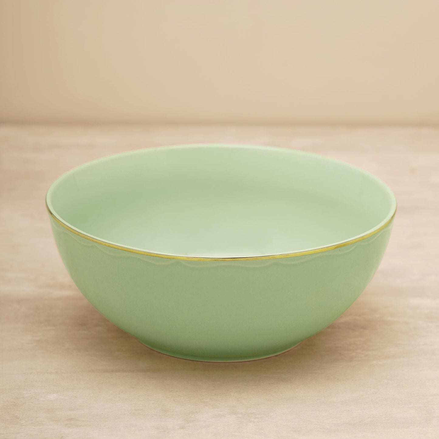 Green Porcelain Serving Bowl With Gold Rim