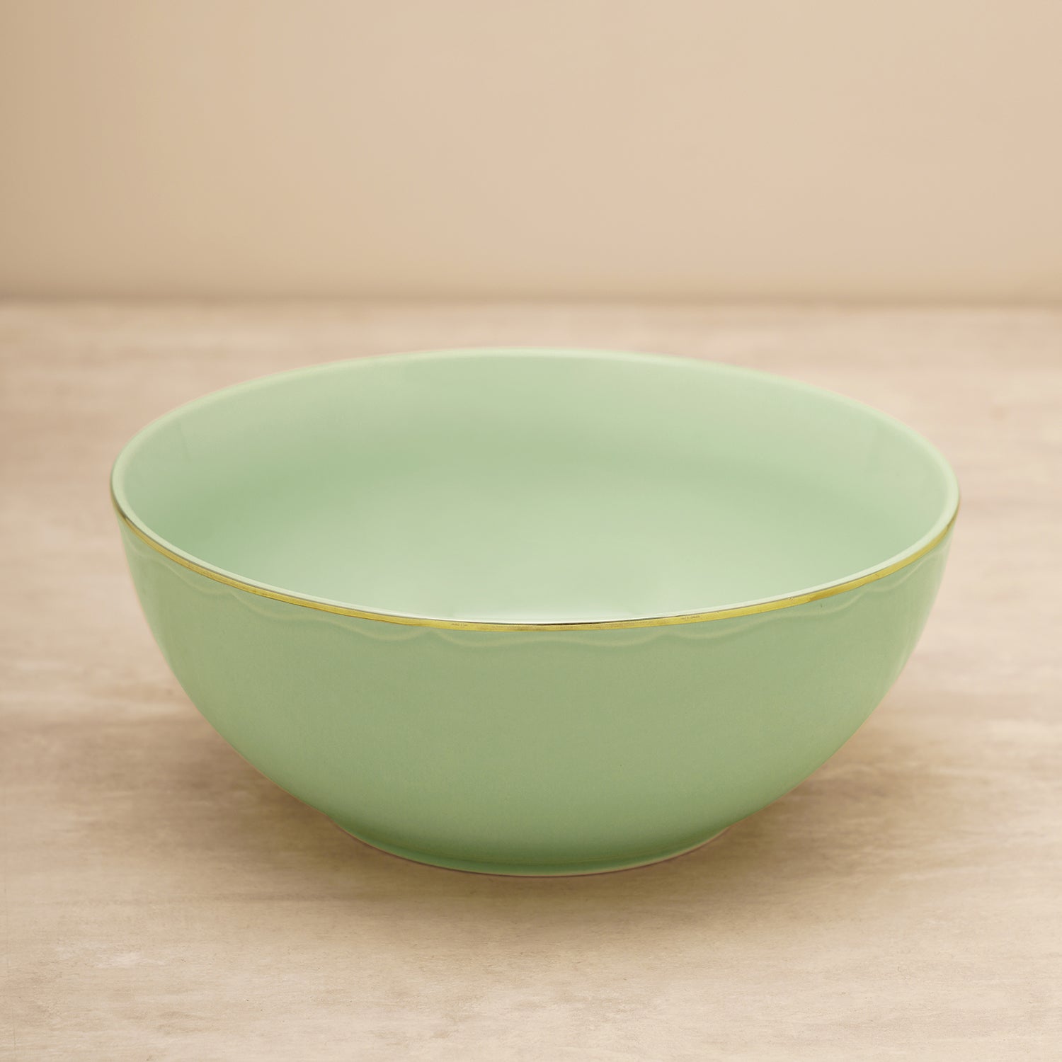 Green Porcelain Serving Bowl With Gold Rim