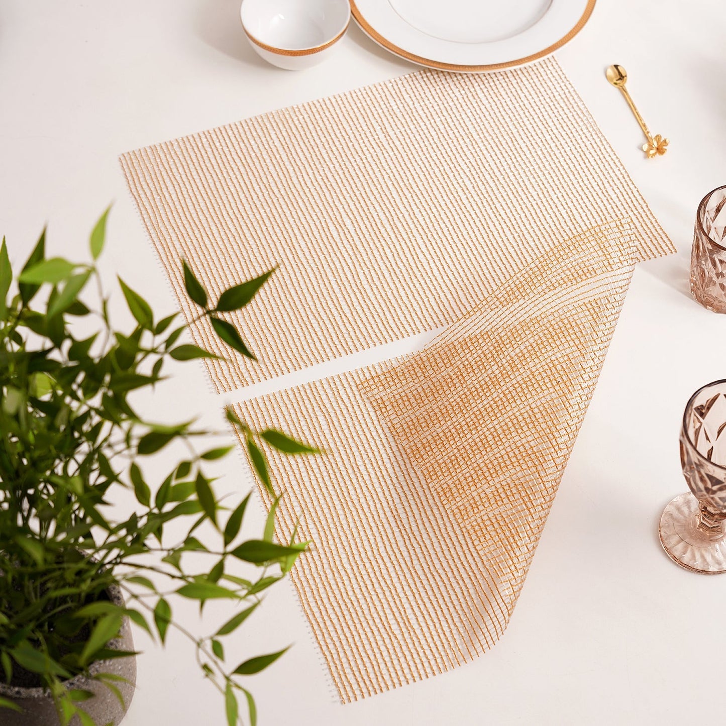 Set Of 2 Beige Checkered Design Pvc Placemats