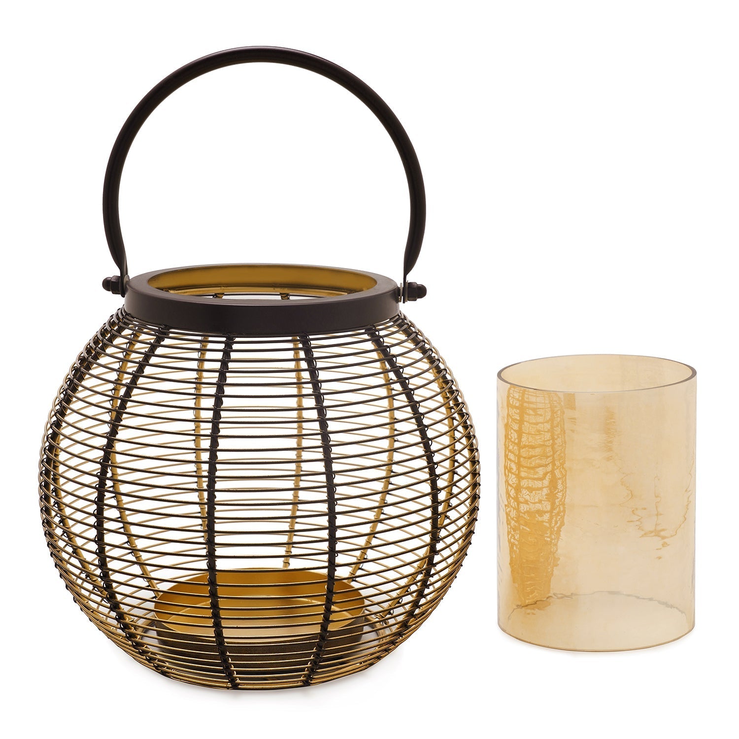 Brown Round Metal Wire Lantern With Glass