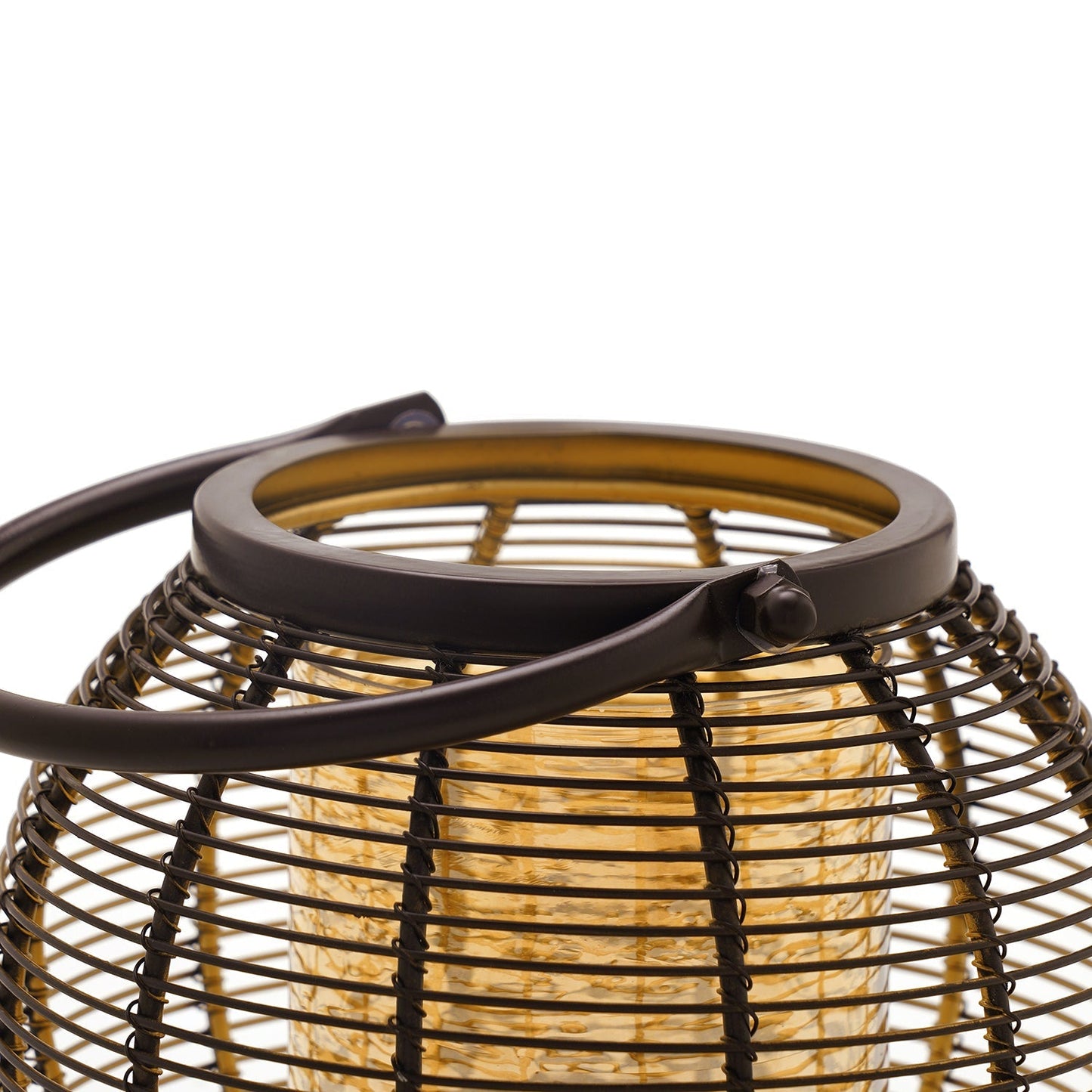Brown Round Metal Wire Lantern With Glass