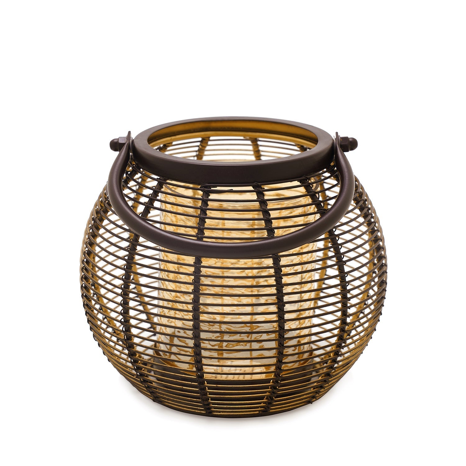 Brown Round Metal Wire Lantern With Glass