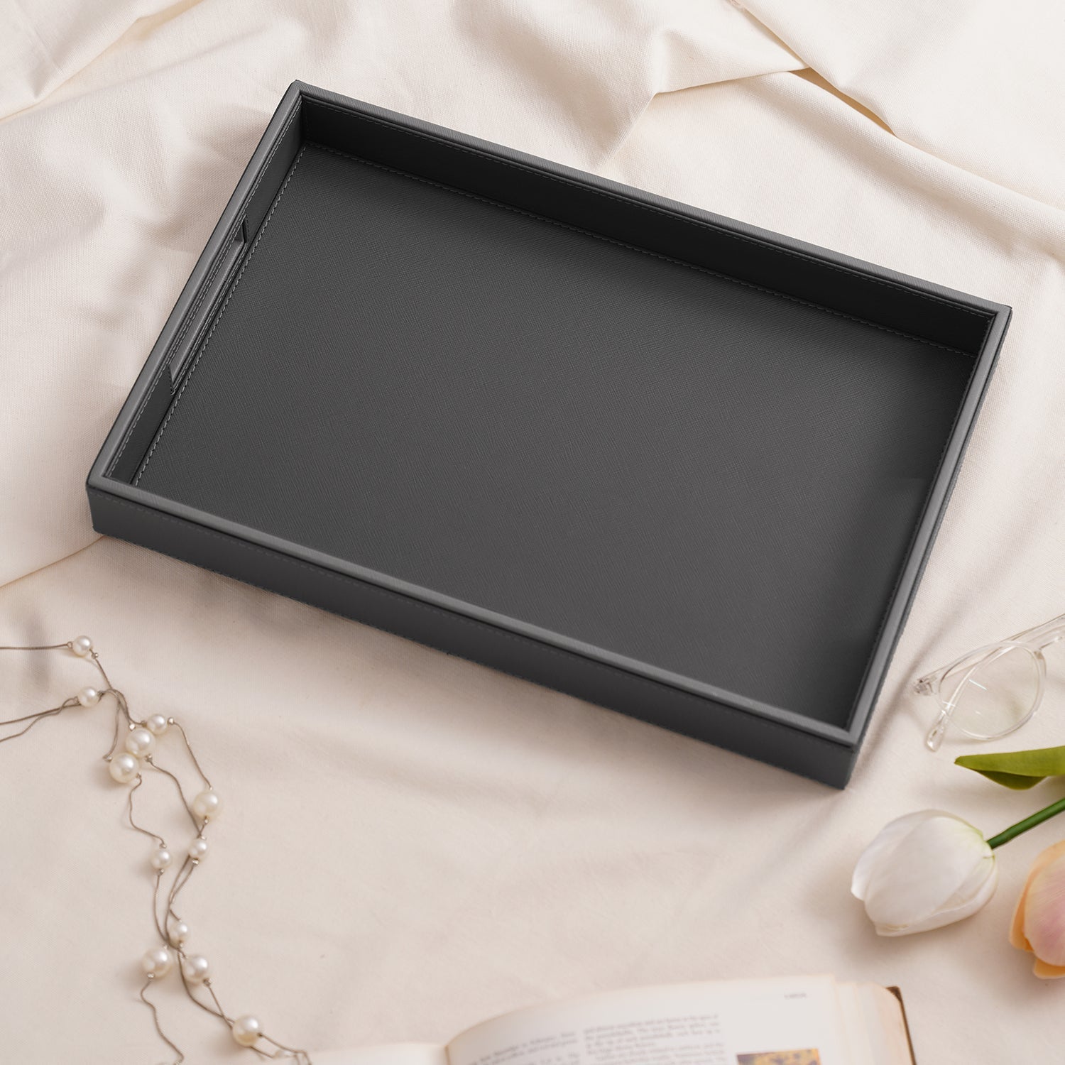 Dark Grey Rectangle Faux Leather Serving Tray