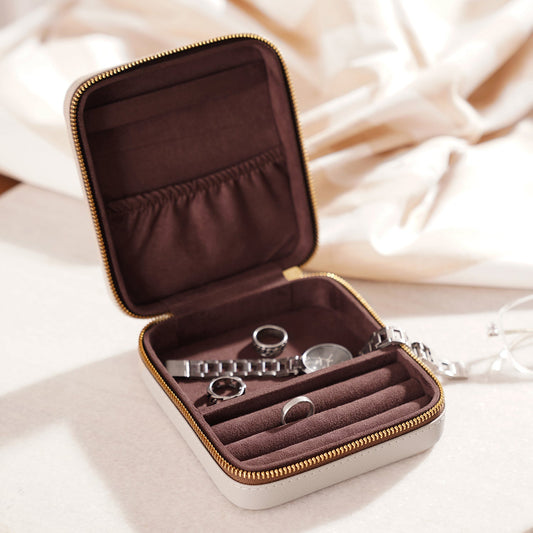 Beige Square Faux Leather Travel Jewellery Box