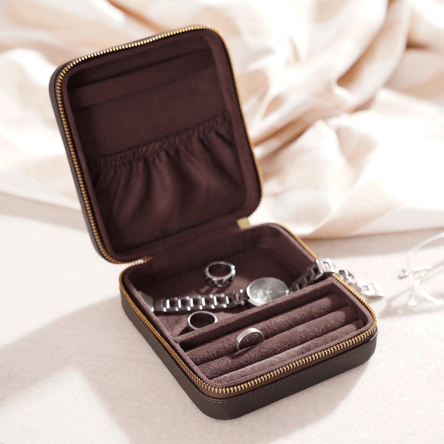 Dark Brown Square Faux Leather Travel Jewellery Box