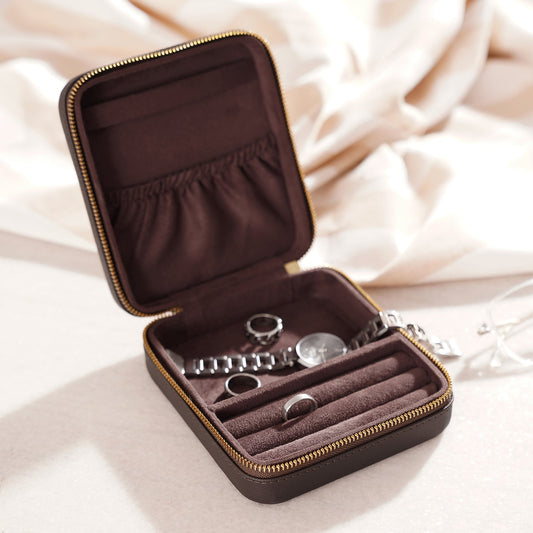 Dark Brown Square Faux Leather Travel Jewellery Box