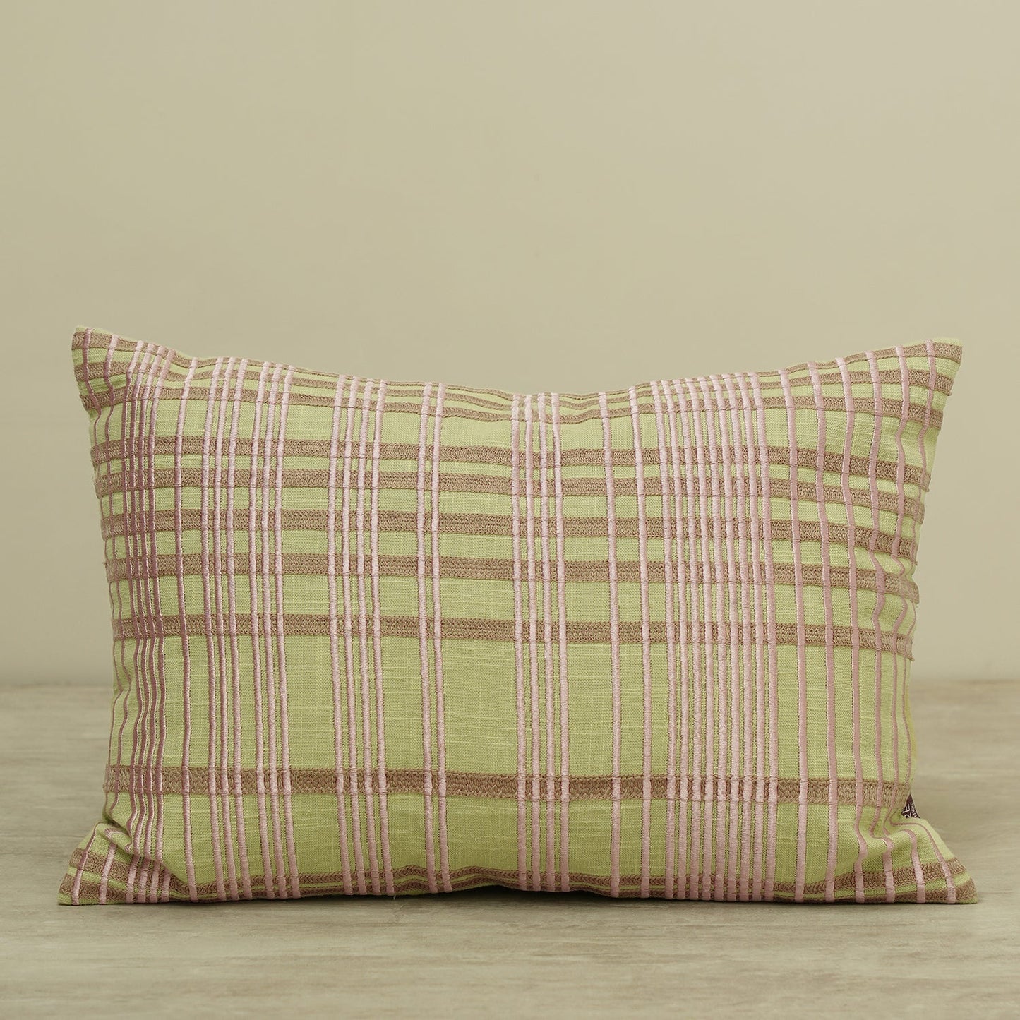 Green Plaid Embroidered Cotton Cushion Cover