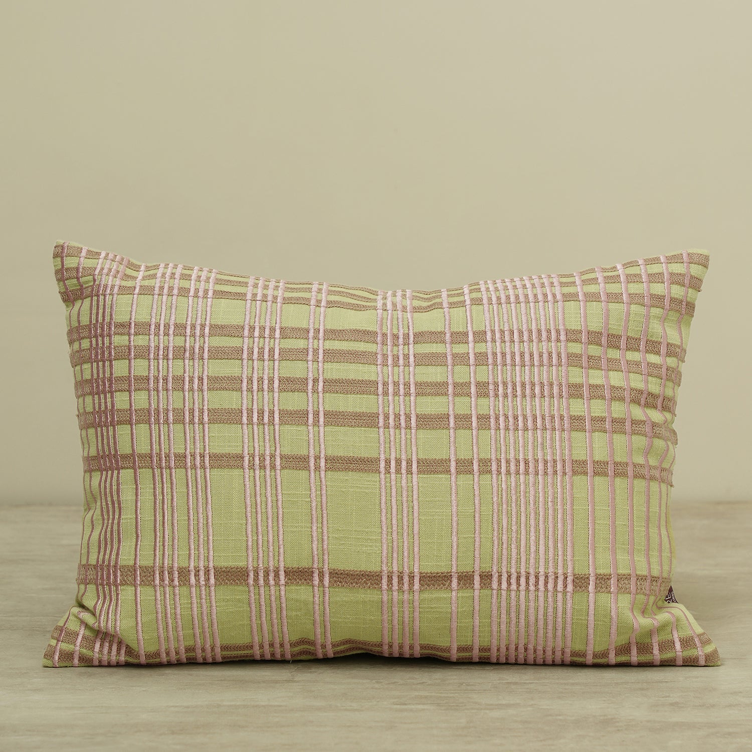 Green Plaid Embroidered Cotton Cushion Cover