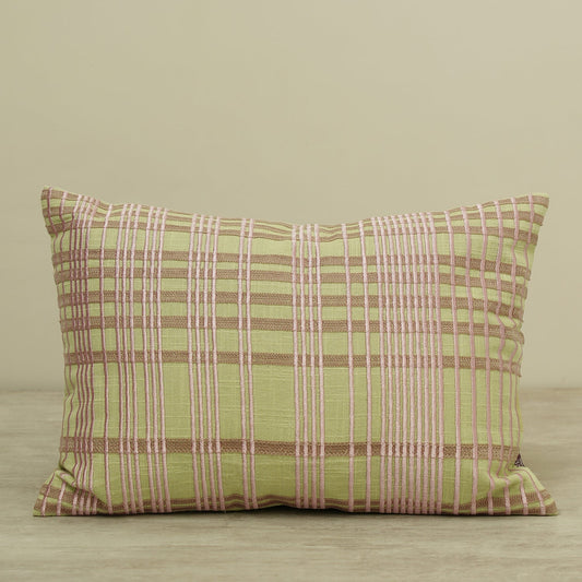 Green Plaid Embroidered Cotton Cushion Cover